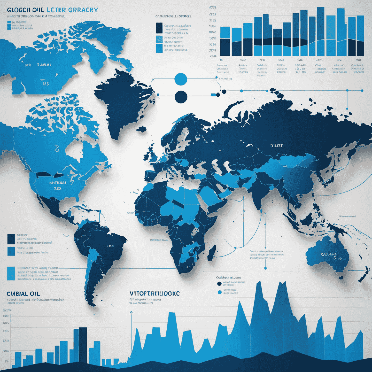 Gráfico mostrando tendencias del mercado global de petróleo, con líneas de diferentes tonos de azul representando precios y producción